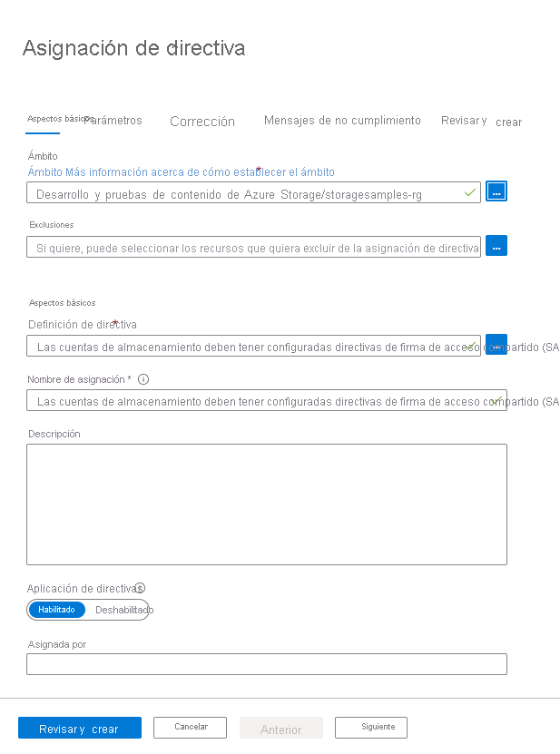 Captura de pantalla en la que se muestra cómo crear la asignación de directiva