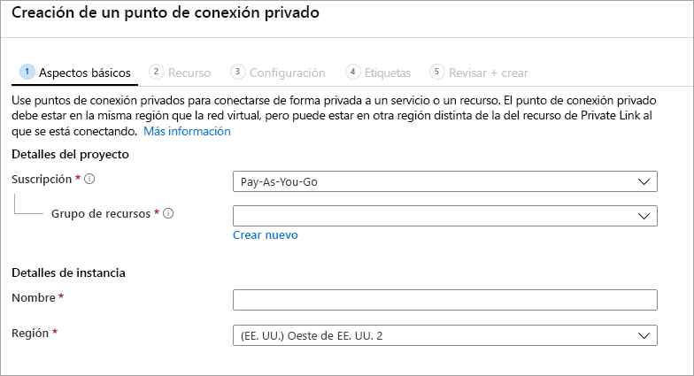 Una captura de pantalla de la sección Aspectos básicos de la sección Crear punto de conexión privado