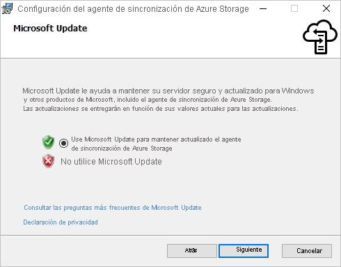 Asegúrese de que Microsoft Update está habilitado en el panel Microsoft Update del instalador del agente de Azure File Sync.