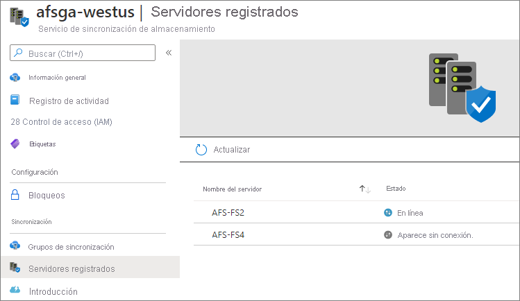 Recorte de pantalla que muestra la página de servidores registrados con el nombre y el estado del servidor.