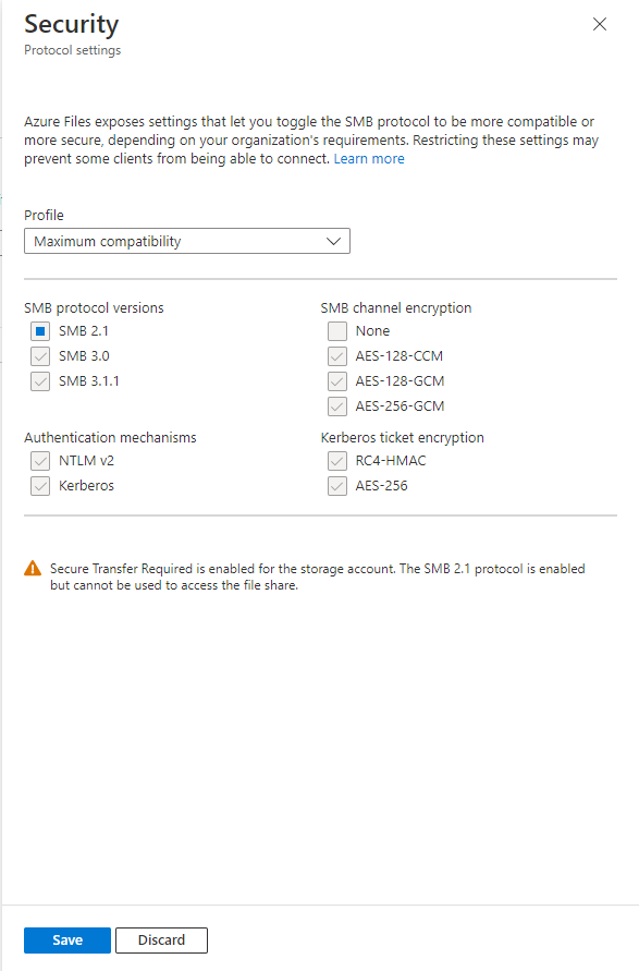 Captura de pantalla que muestra el cuadro de diálogo para cambiar la configuración de seguridad de SMB para las versiones del protocolo SMB, el cifrado del canal SMB, los mecanismos de autenticación y el cifrado de vales de Kerberos.