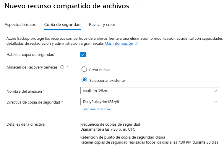 Captura de pantalla que muestra cómo habilitar o deshabilitar la copia de seguridad del recurso compartido de archivos.