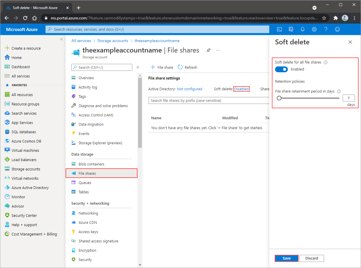 Captura de pantalla del panel de configuración de la eliminación temporal de la cuenta de almacenamiento. Se resaltan la sección de eliminación temporal de recursos compartidos de archivos, el botón de alternancia para habilitar, se establece un período de retención y se guarda. De esta forma, se habilitará la eliminación temporal para todos los recursos compartidos de archivos de la cuenta de almacenamiento.