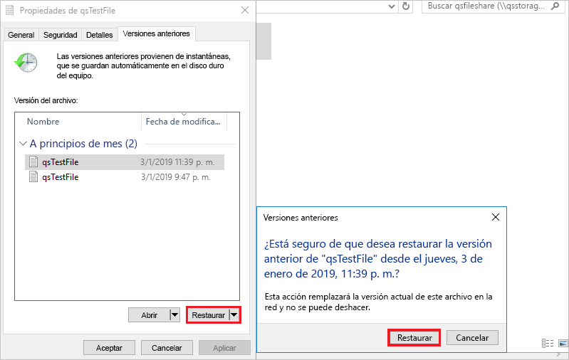 Captura de pantalla de la pestaña Versiones anteriores, se resalta el botón restaurar en el mensaje de advertencia.