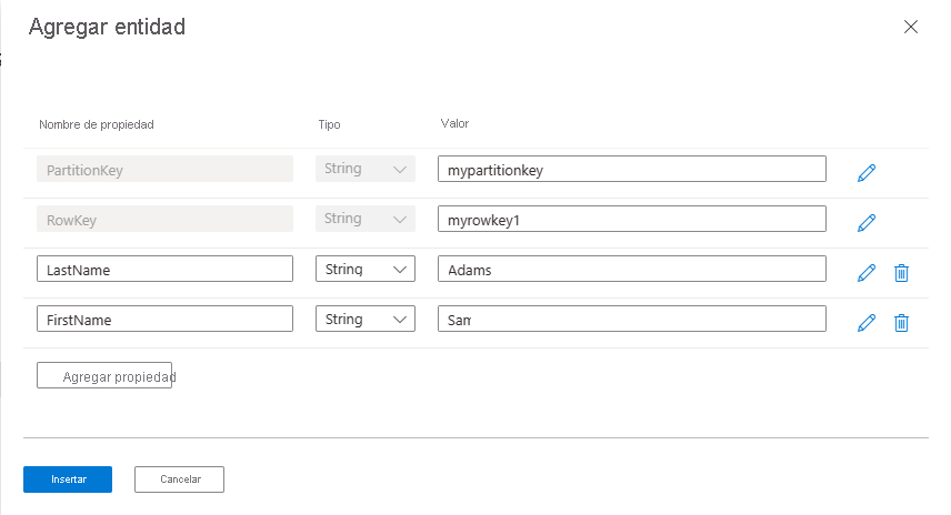 Screenshot showing how to add properties to an entity in Storage Browser in the Azure portal.