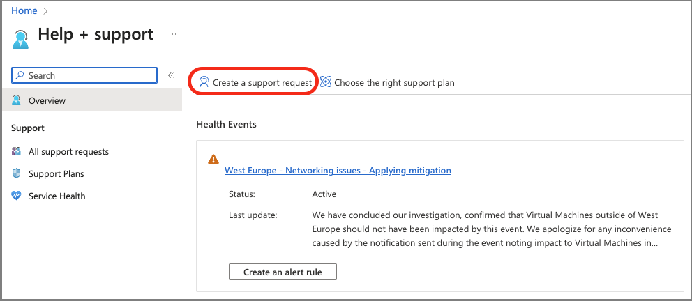 Captura de pantalla de la página Crear una solicitud de soporte técnico en Azure Portal.