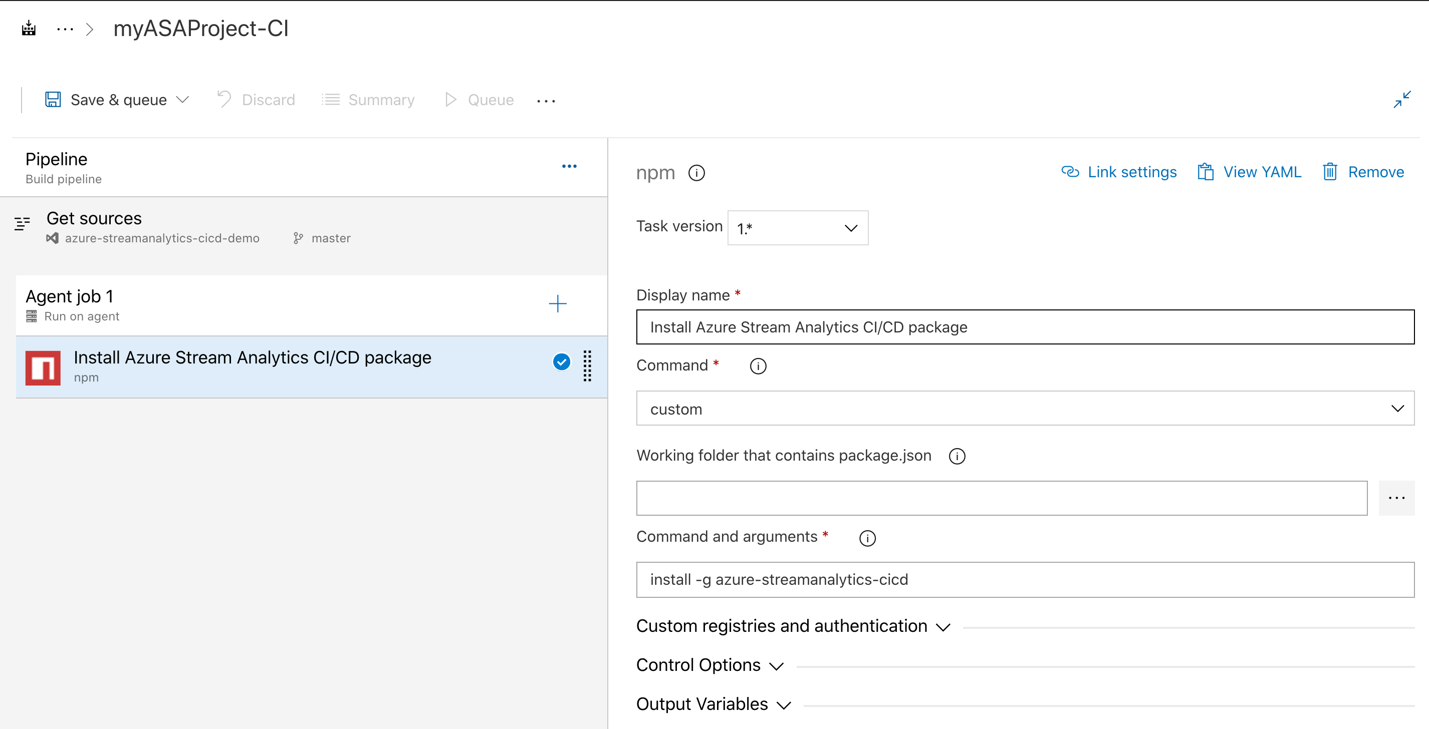 Especificación de configuraciones para la tarea npm