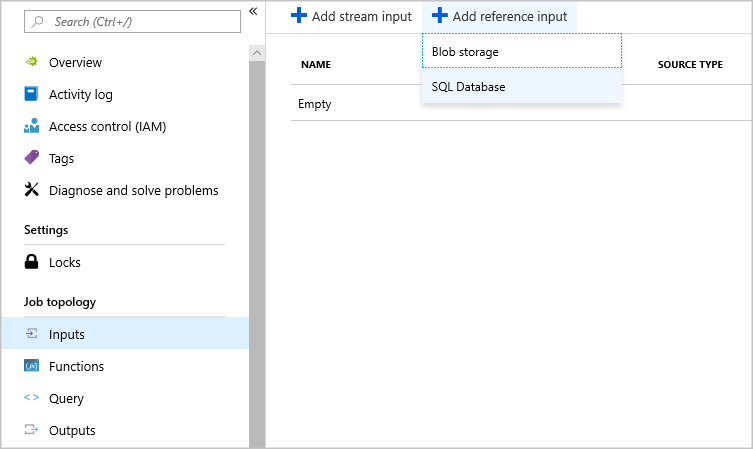 Inputs is selected in the left navigation pane. On Inputs, + Add reference input is selected, revealing a drop-down list that shows the values Blob storage and SQL Database.