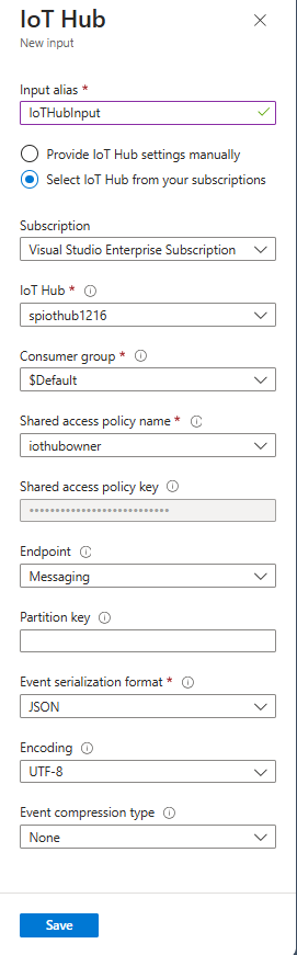 Captura de pantalla en la que se muestra la página Nueva entrada para introducir información de la instancia de IoT Hub de entrada.