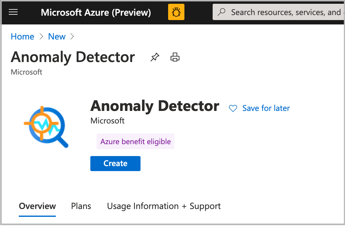 Captura de pantalla que muestra Anomaly Detector en el portal, con el botón Crear.