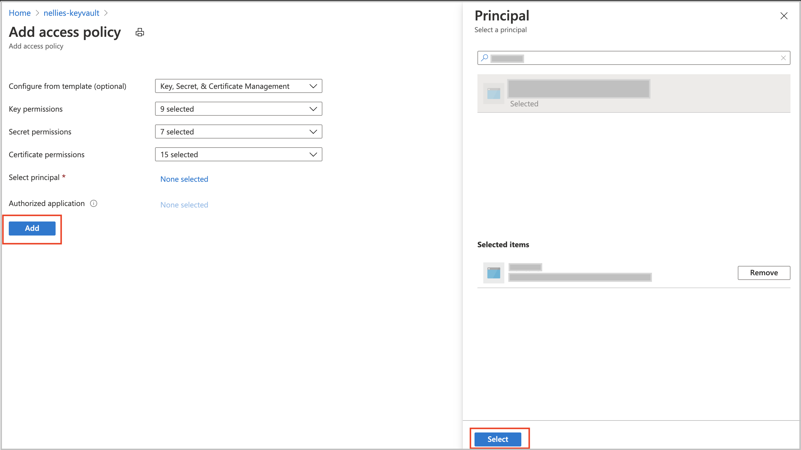 Captura de pantalla que muestra las selecciones para agregar una directiva de acceso.