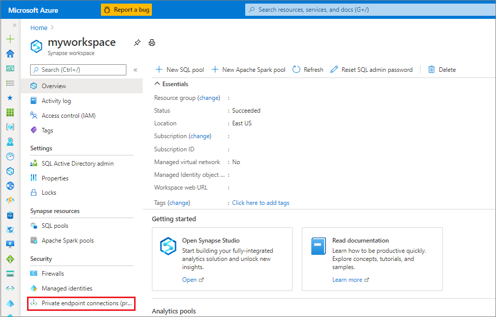 Apertura del área de trabajo de Azure Synapse en Azure Portal