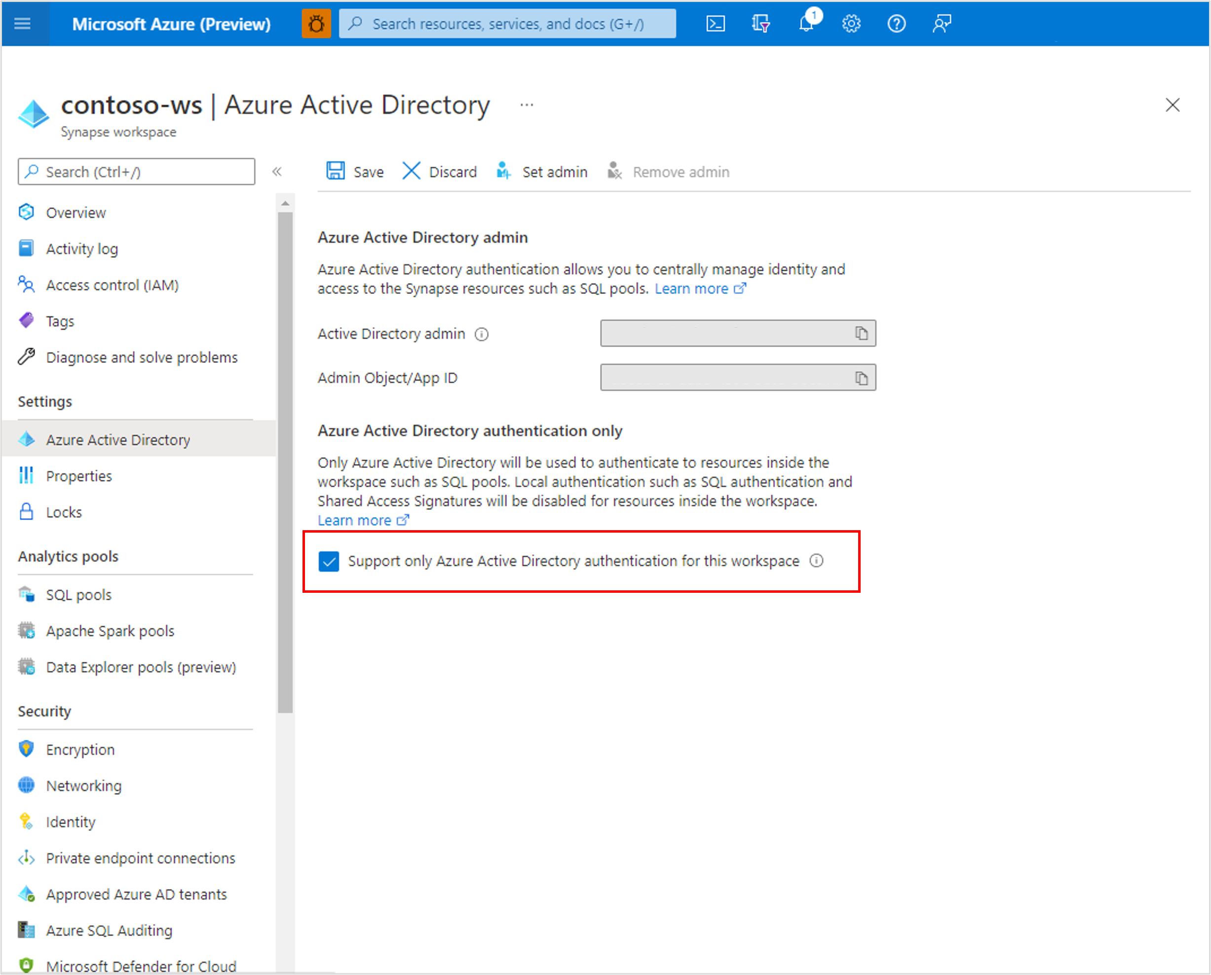 Configuración de autorización solo de Microsoft Entra después de la creación del área de trabajo