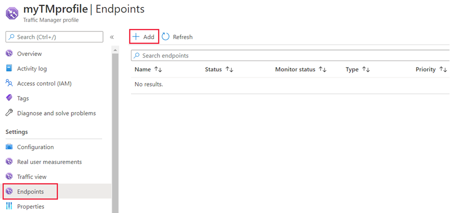 Captura de pantalla de la configuración de los puntos de conexión del perfil de Traffic Manager