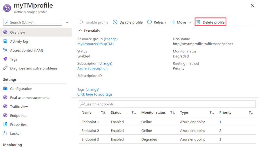 Eliminación de un perfil de prioridad de Traffic Manager