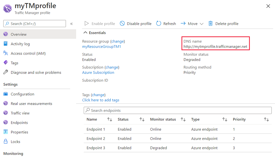 Nombre DNS de Traffic Manager