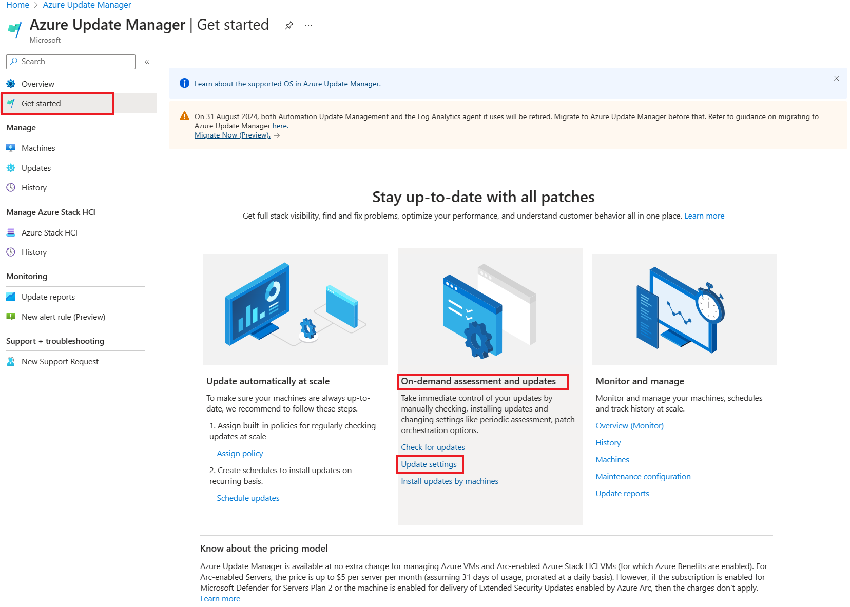 Recorte de pantalla que muestra cómo acceder a la opción Actualizar configuración para configurar las actualizaciones de las máquinas virtuales.