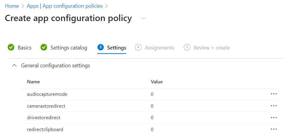 Captura de pantalla que muestra los pares de nombres y valores de redireccionamiento en Intune.