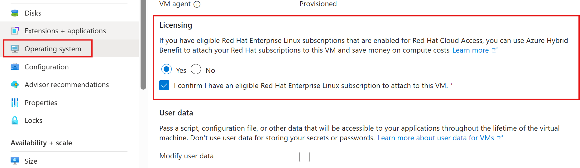 Captura de pantalla del panel de configuración de Azure Hybrid Benefit después de crear una máquina virtual.