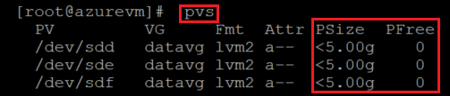 Recorte de pantalla que muestra el código que comprueba la configuración actual de PV, con el comando y el resultado resaltados.