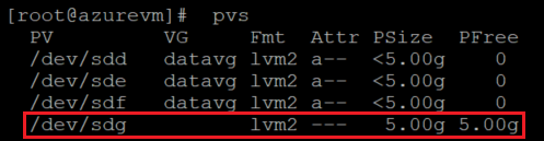 Recorte de pantalla que muestra el código que muestra la lista de volúmenes físicos, con el resultado resaltado.