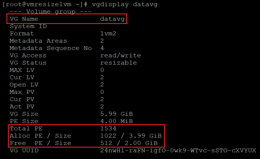 Recorte de pantalla que muestra el código que comprueba la información del grupo de volúmenes, con los resultados resaltados.