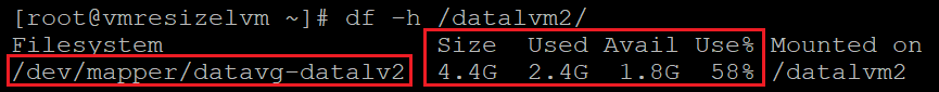 Recorte de pantalla que muestra el código que comprueba la utilización del sistema de archivos, con los resultados resaltados.