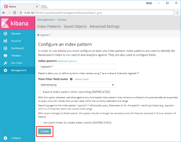 Captura de pantalla que muestra la consola de Kibana y resalta el botón Create (Crear).