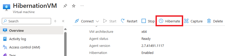 Captura de pantalla del botón para hibernar una máquina virtual en Azure Portal.