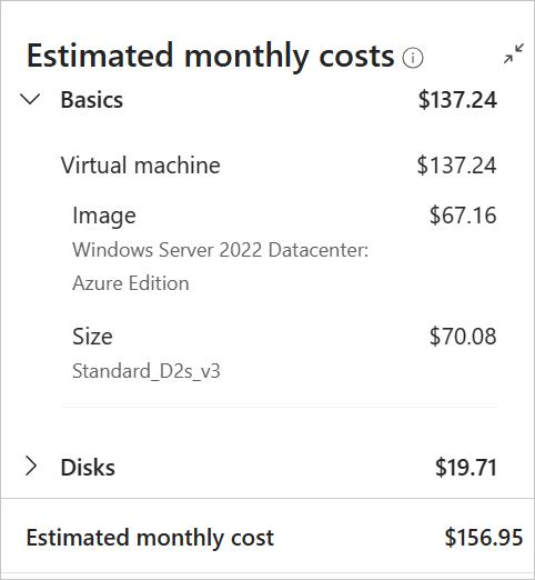 Recorte de pantalla de los costos estimados de las máquinas virtuales en la página de creación de Azure Portal.