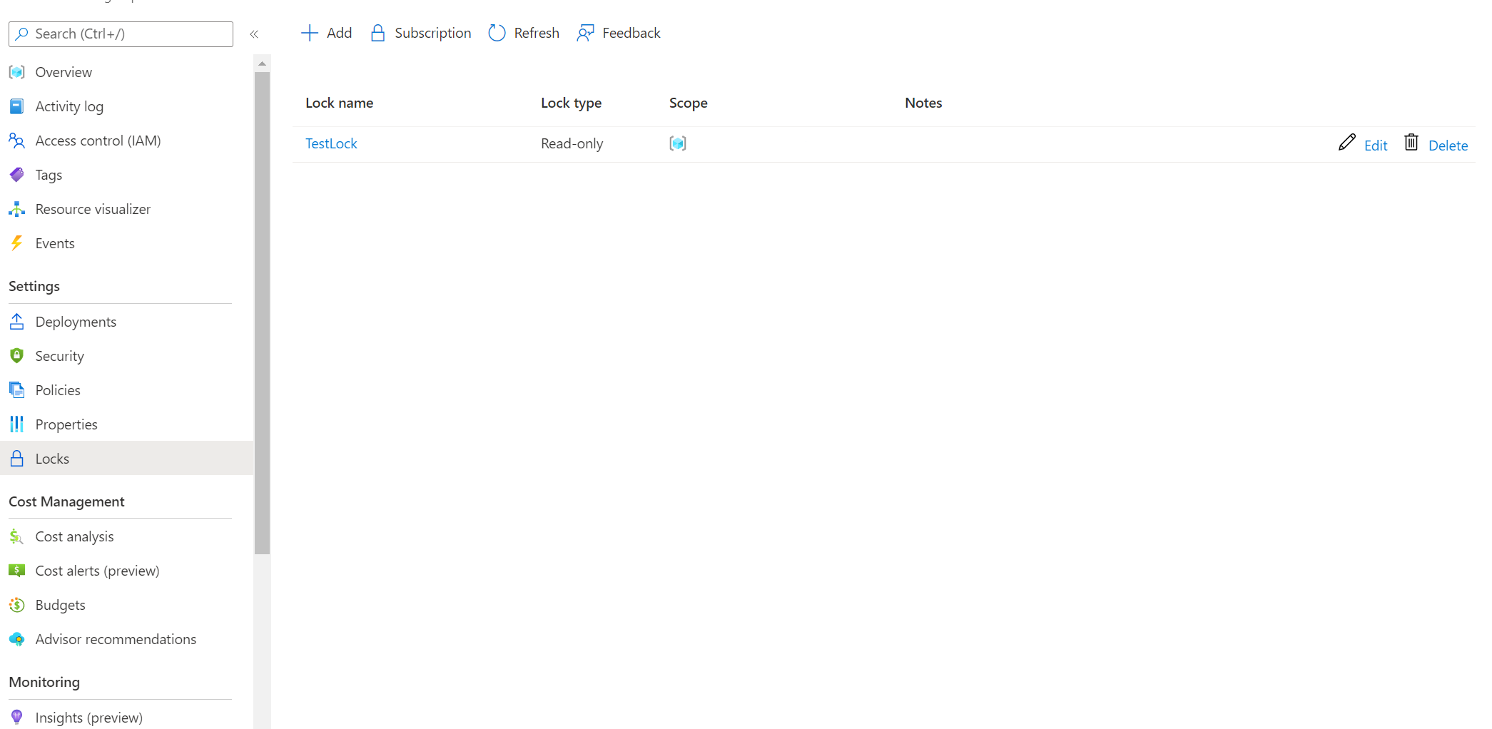 Captura de pantalla de Eliminar bloqueo en Azure Portal.