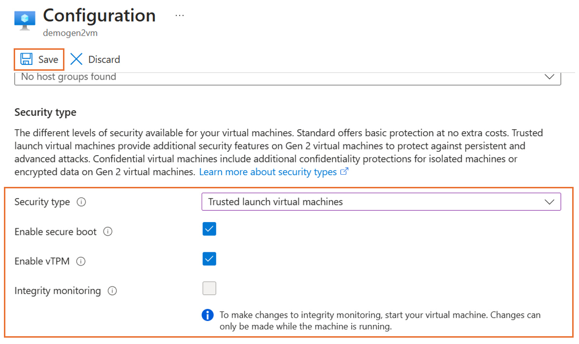 Captura de pantalla que muestra la configuración de arranque seguro y vTPM.