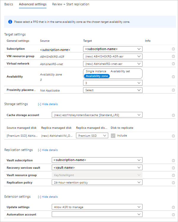 Página que muestra un resumen de la configuración de la replicación y del destino.