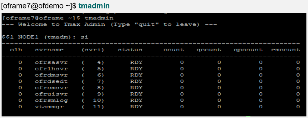 Resultado del comando tmadmin