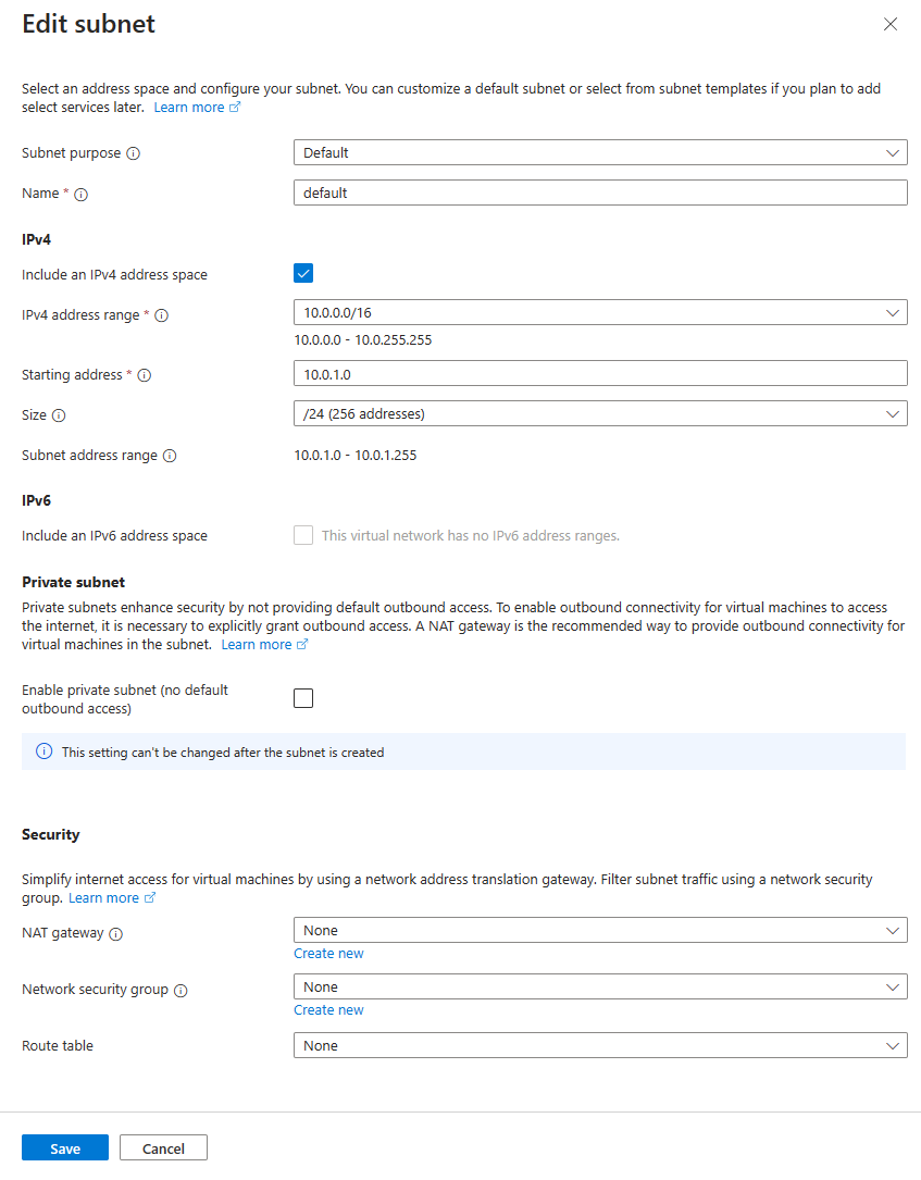 Captura de pantalla de la configuración de subred en Azure Portal.