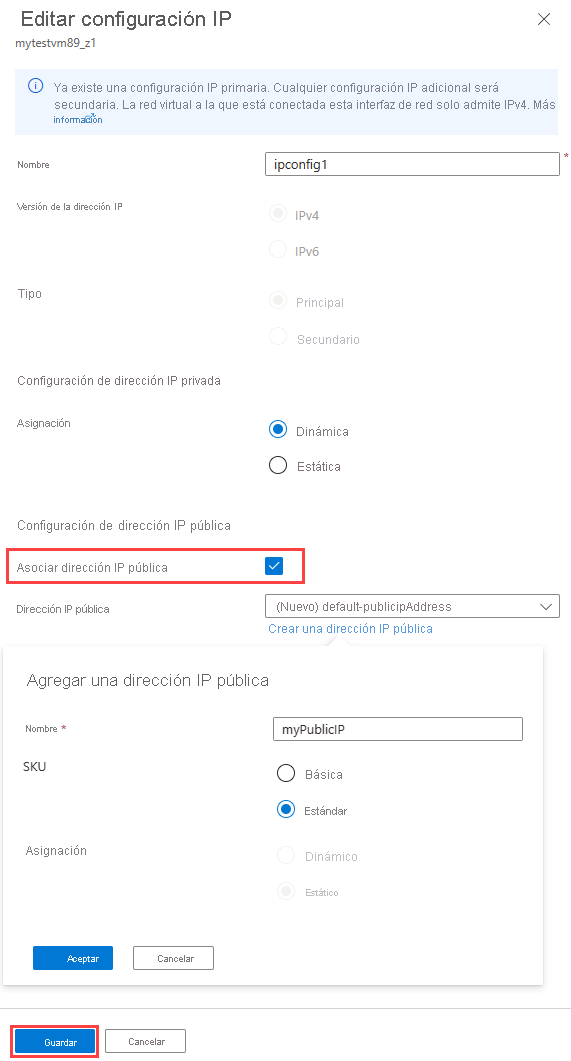 Captura de pantalla en la que se muestra cómo seleccionar, crear y asociar una IP pública existente.