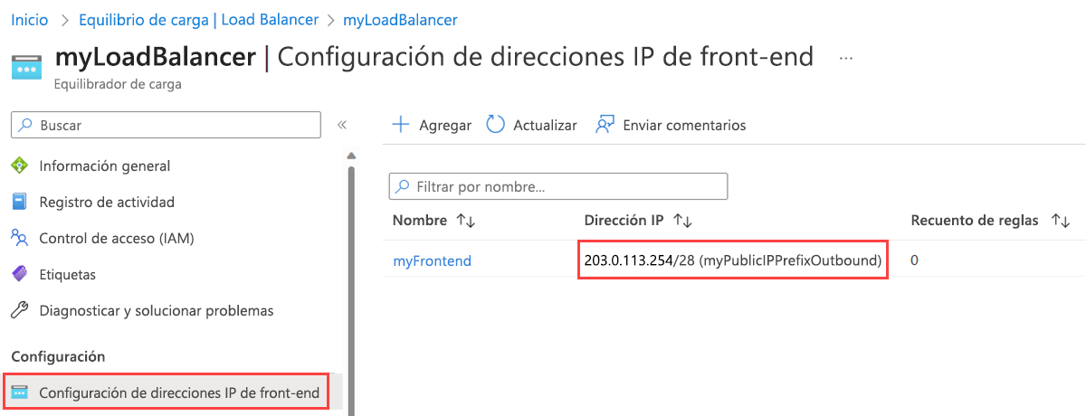 Captura de pantalla de la página de configuración de IP de front-end del equilibrador de carga que muestra el nuevo prefijo de dirección IP pública.