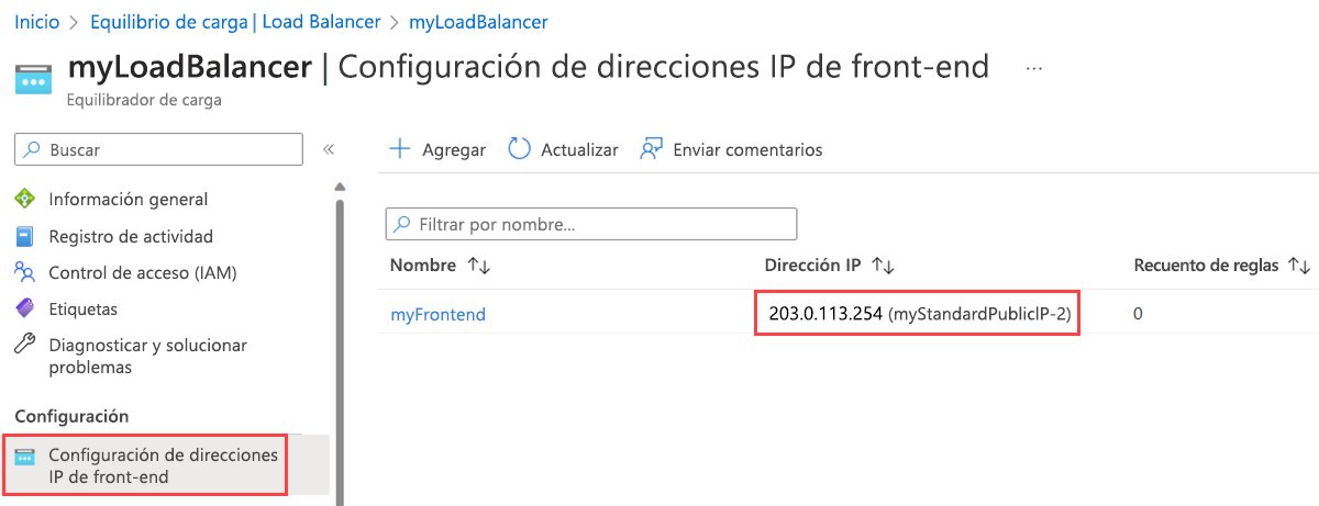 Captura de pantalla de la página de configuración de I P de front-end del equilibrador de carga que muestra la nueva dirección I P pública.