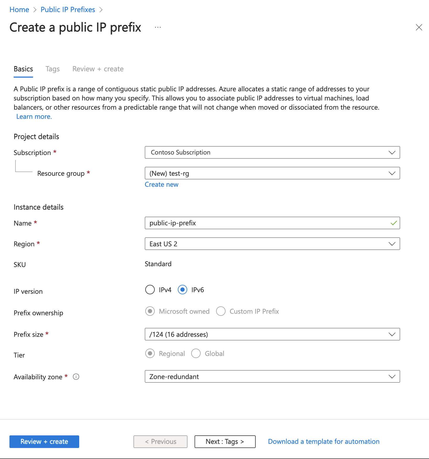 Captura de pantalla de la creación del prefijo de dirección IP pública IPv6 en Azure Portal.