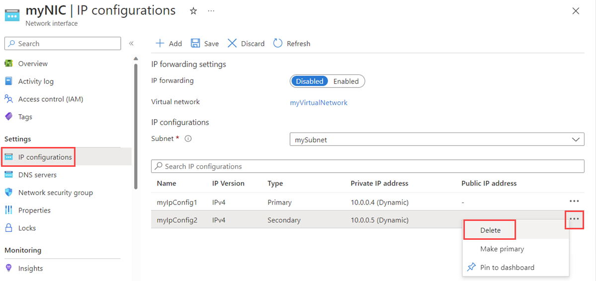 Captura de pantalla de la eliminación de una configuración de IP en Azure Portal.