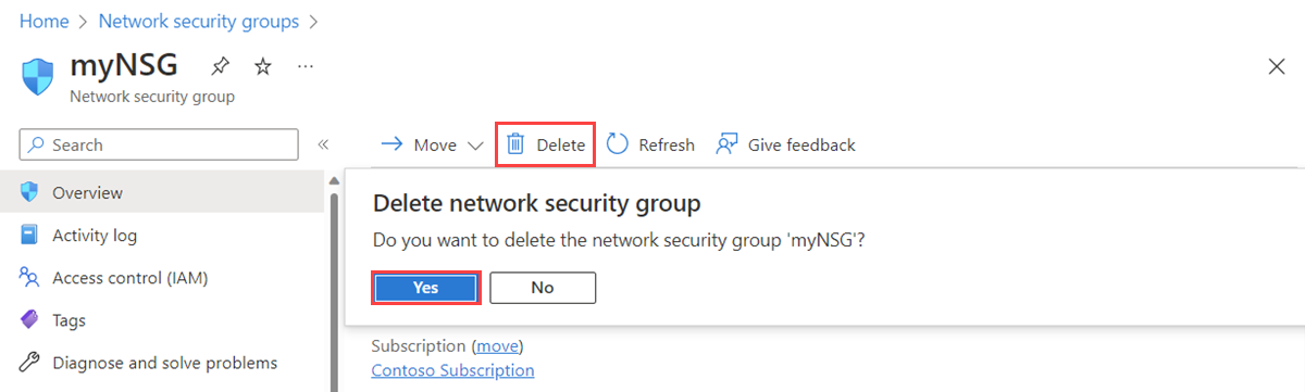 Recorte de pantalla que muestra la eliminación de un grupo de seguridad de red en Azure Portal.