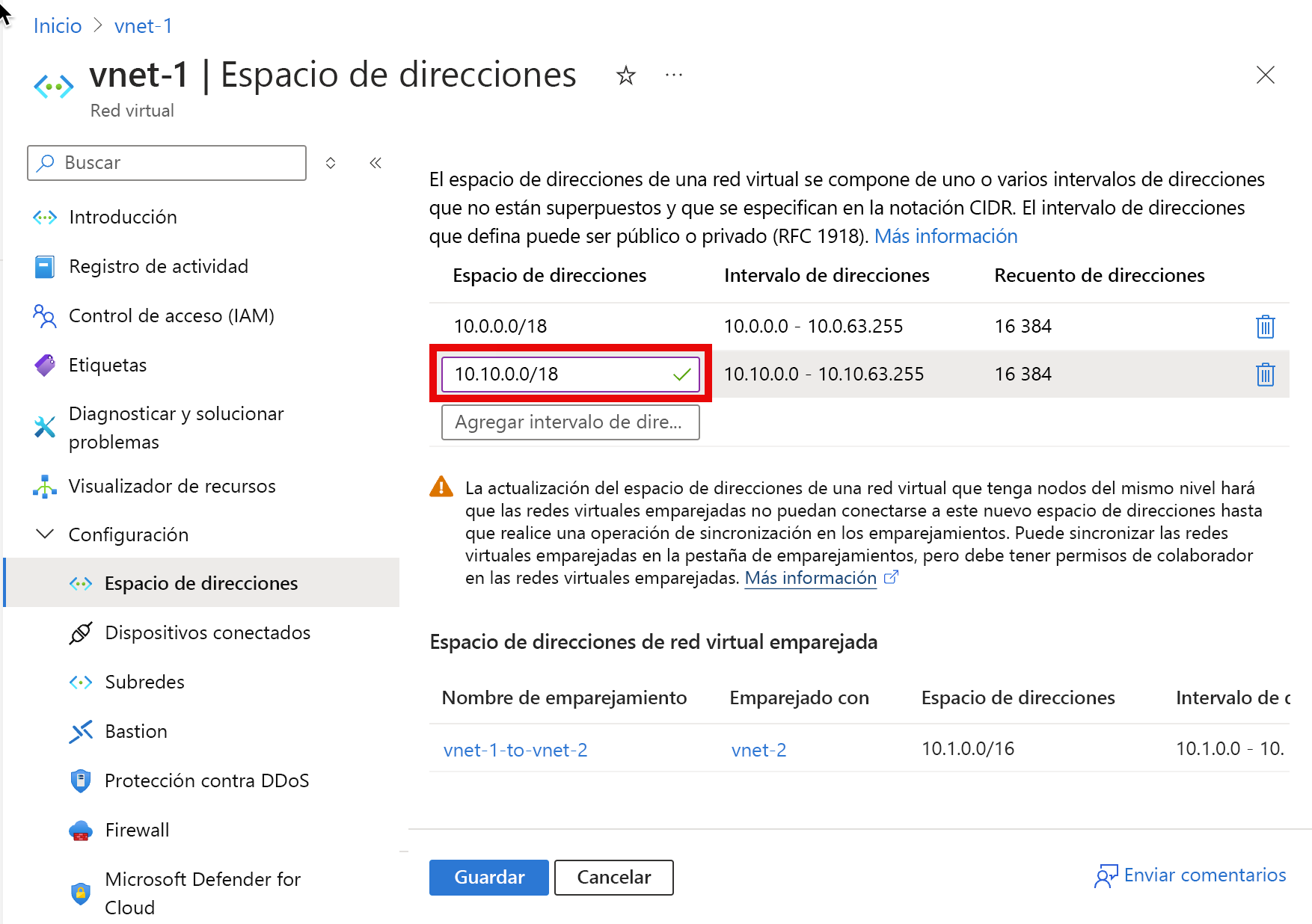 Captura de pantalla de la página Espacio de direcciones que se usa para agregar un intervalo de direcciones IP.