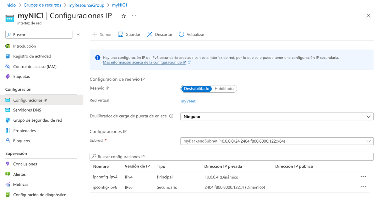 Captura de pantalla de las configuraciones de IP de la interfaz de red.