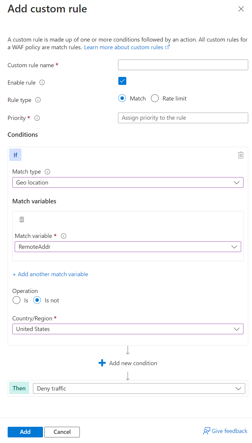 Captura de pantalla que muestra la pantalla Agregar regla personalizada del firewall de aplicaciones web de Application Gateway.