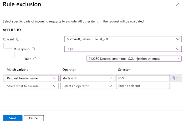 Captura de pantalla que muestra el Azure Portal mostrando la configuración de exclusión.