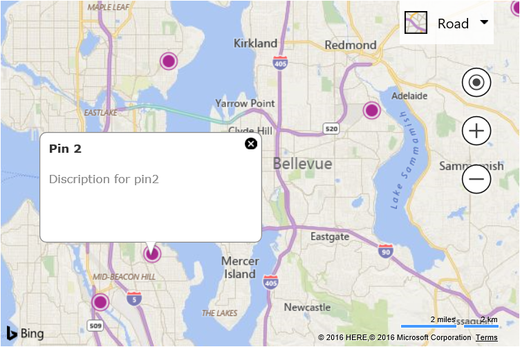 Screenshot of a Bing map showing five purple pushpins on a map and an infobox showing the description for Pin 2.