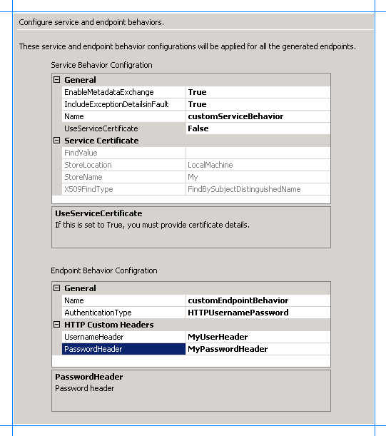 Página Configurar comportamientos de servicio y punto de conexión