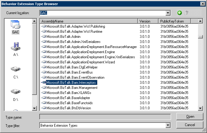 Captura de pantalla del cuadro de diálogo Editor de elementos de configuración de extensión que muestra BAMEndPointBehaviorExtension especificado para la propiedad Nombre de configuración.