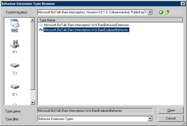 Captura de pantalla del cuadro de diálogo Explorador de tipos de extensión de comportamiento que muestra Microsoft.BizTalk.Bam.Interceptors seleccionado en la lista de archivos DLL de caché global de ensamblados (GAC).