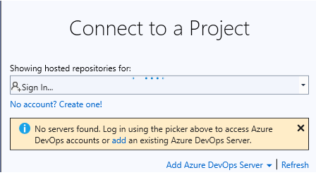 Seleccione Conectar en el proyecto de BizTalk Server para conectarse al proyecto de Azure DevOps.